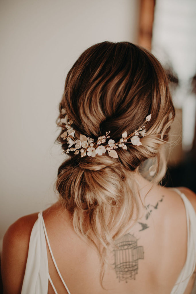 boho wedding inspiration hair style with flowers