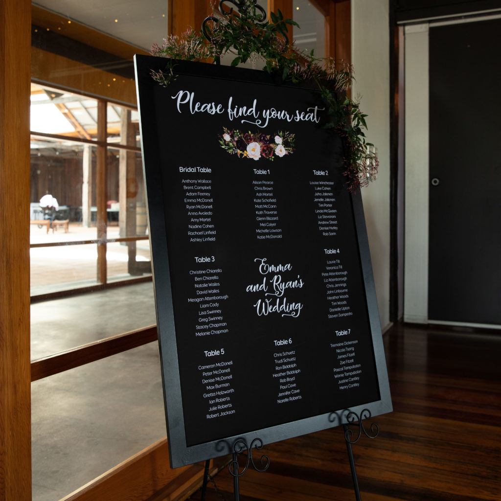 Seating chart for a Winter Wonderland Style Wedding