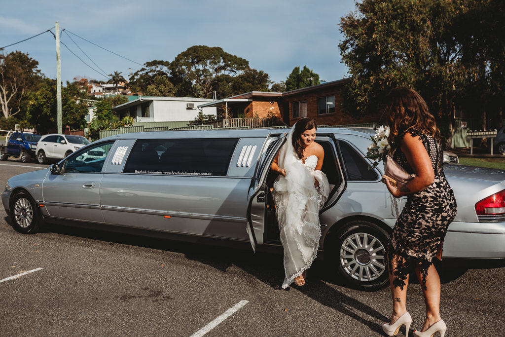 what getting married feels like: Bride getting out of limo being welcomed by her mum