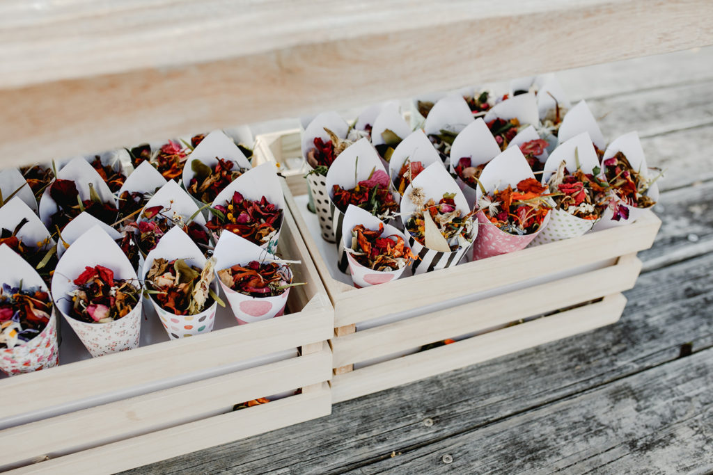 Julie Muir's eco-confetti is ready to throw after the ceremony at Caves Coastal Bar & Bungalows
