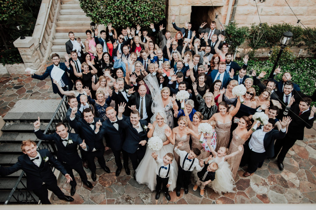 Aerial group shot of a Curzon Hall wedding