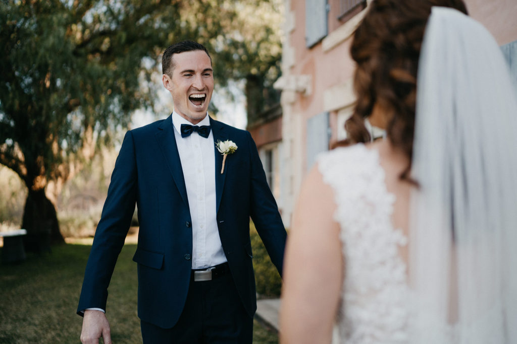 Groom's first look at his bride at their Margan Winery wedding