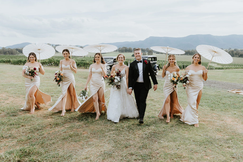 Hunter Valley Wedding Venue Bimbadgen Palmers Lane group photo of couple with their bridal party