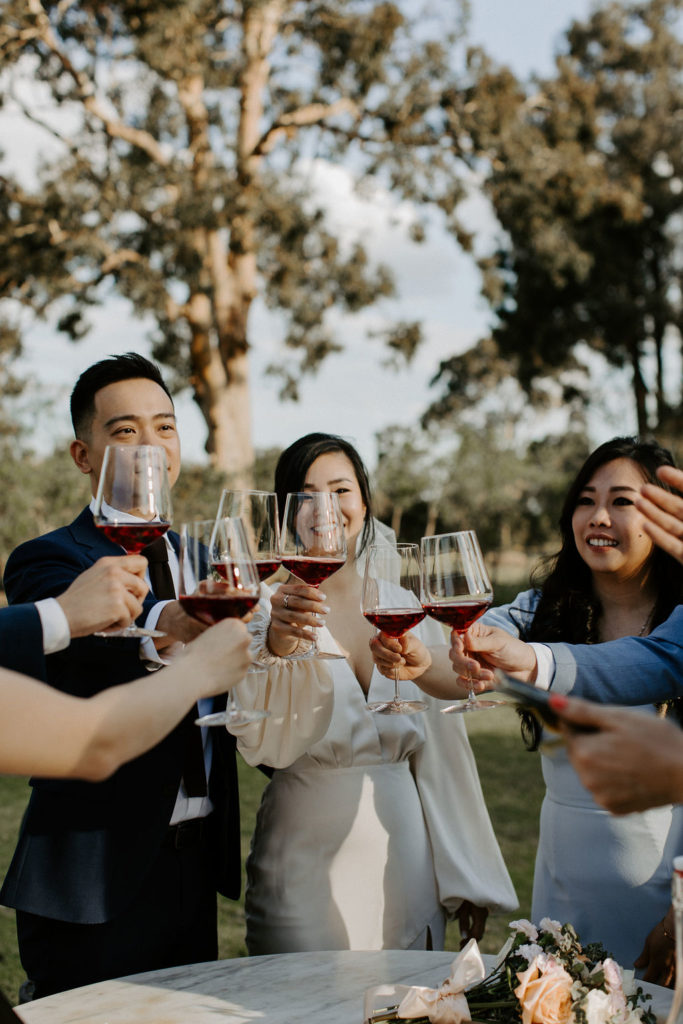 Vinden Wines bride and groom raising glasses with their guests