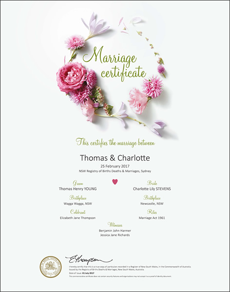 Floral Pink, NSW Commerative Marriage Certificate NSW