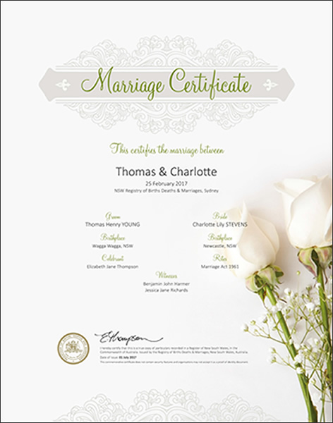 Floral White, NSW Commerative Marriage Certificate