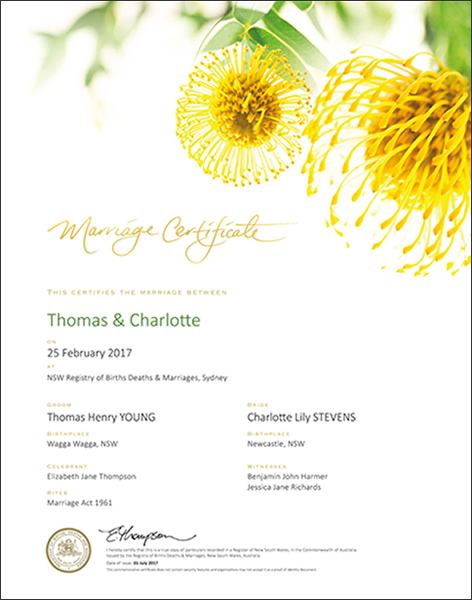 Floral Yellow, NSW Commerative Marriage Certificate