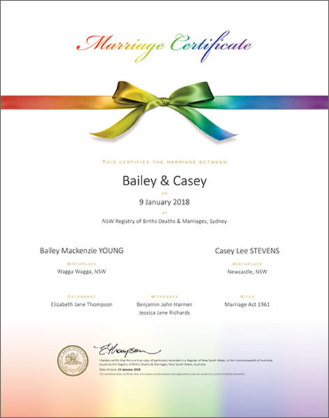 Rainbow Bow, NSW Commerative Marriage Certificate