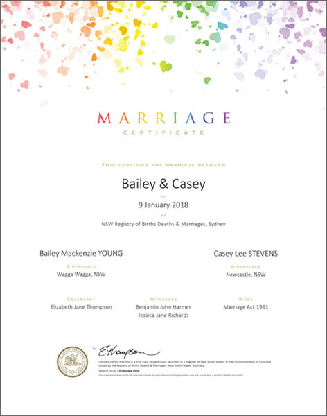 Rainbow Confetti, NSW Commerative Marriage Certificate