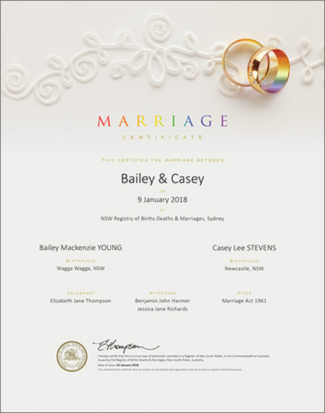 Rainbow Rings, NSW Commerative Marriage Certificate