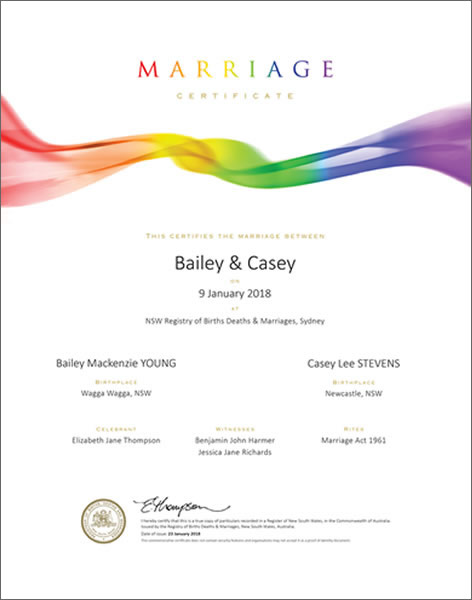 Rainbow Swirl, NSW Commerative Marriage Certificate