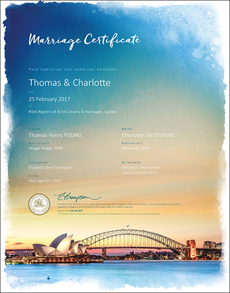 Sydney Harbour, NSW Commerative Marriage Certificate