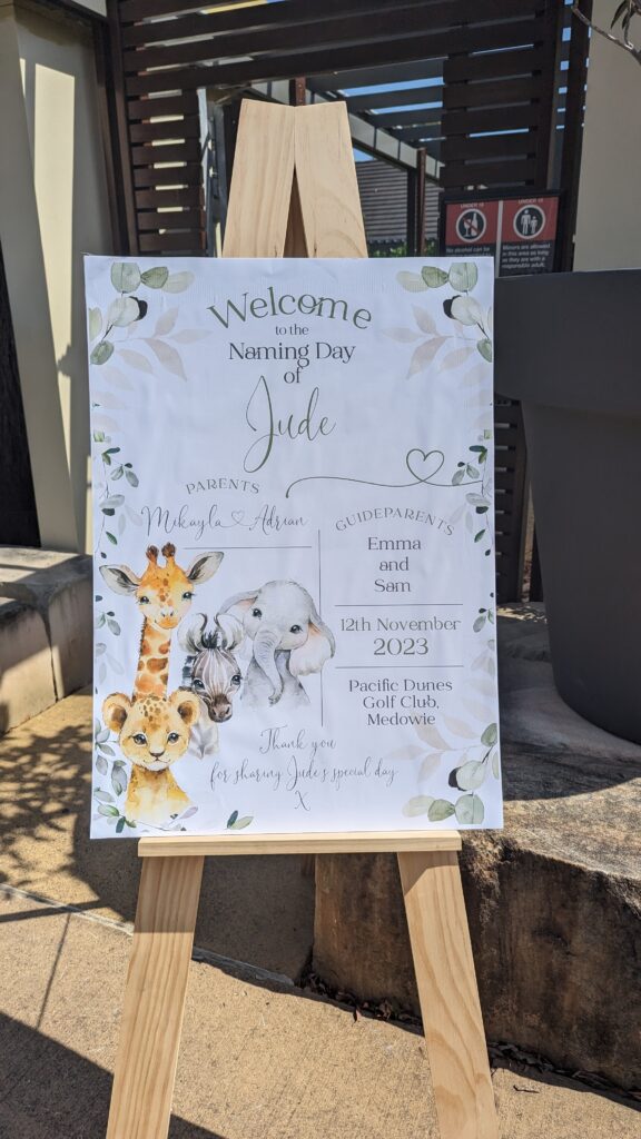 Welcome signfor  Baby Naming Medowie at Pacific Palms Golf Club