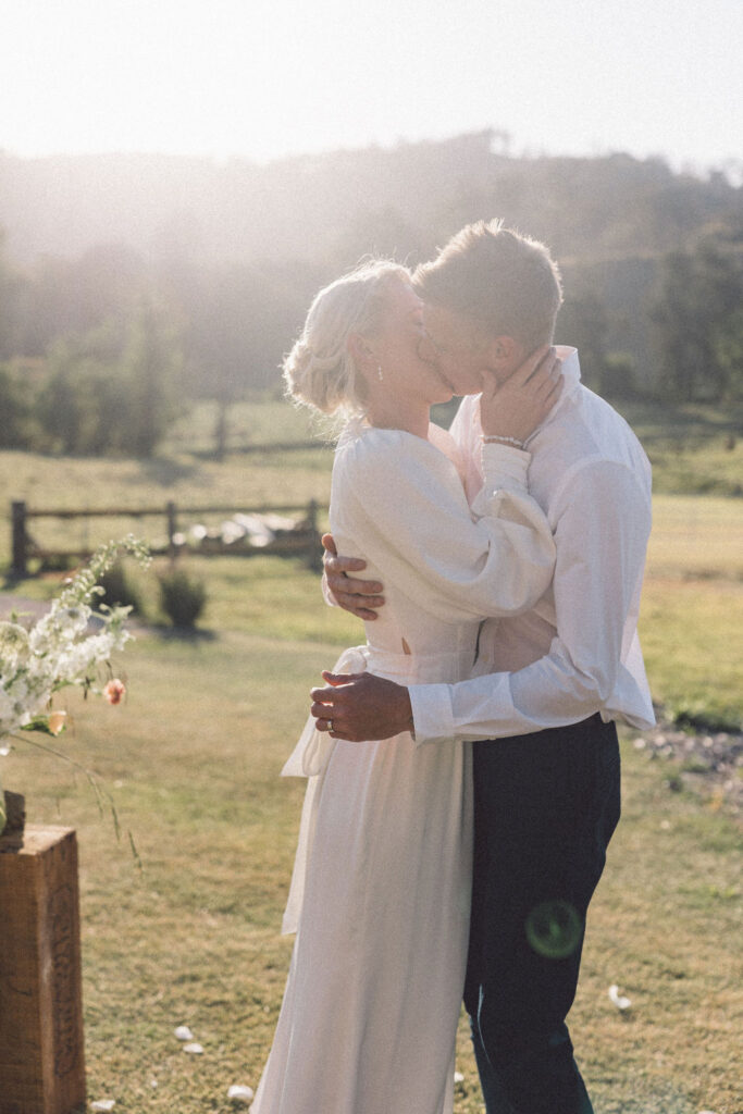First kiss of the first wedding at Wallaringa Farm