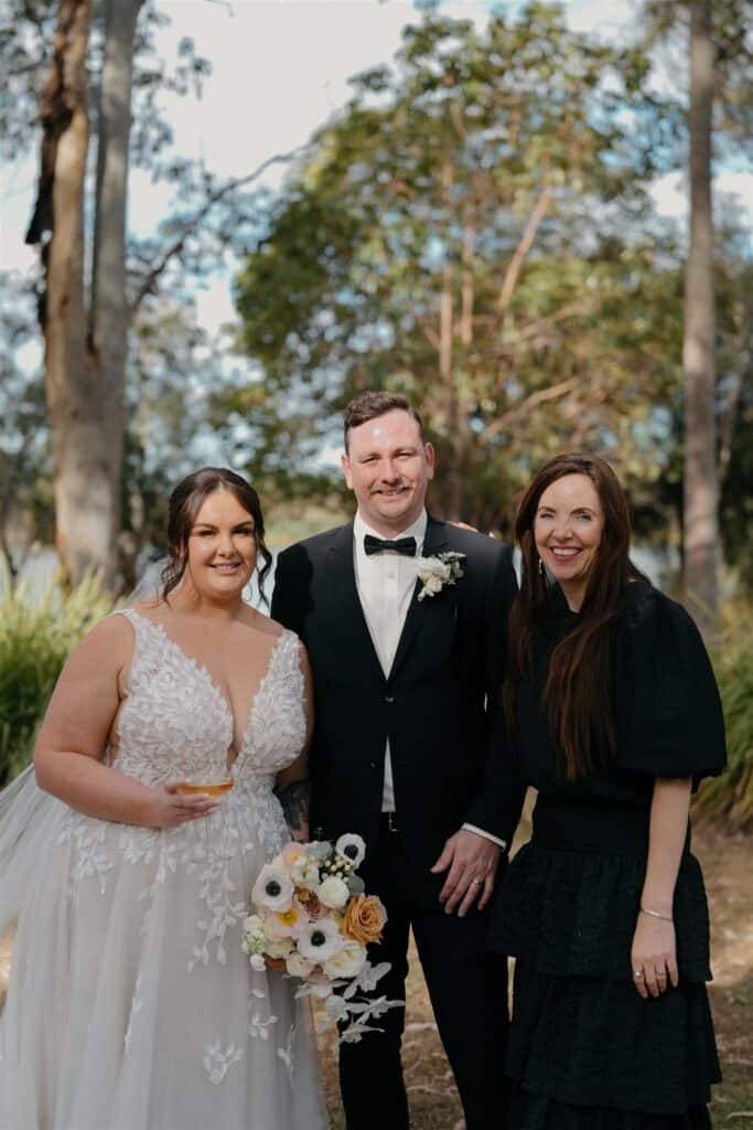 Celebrant Julie Muir and couple after wedding ceremony at The Wine House