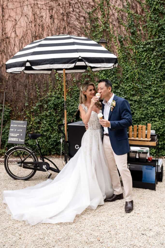 Newlywed Couple eating gelato at Redleaf Wollombi
