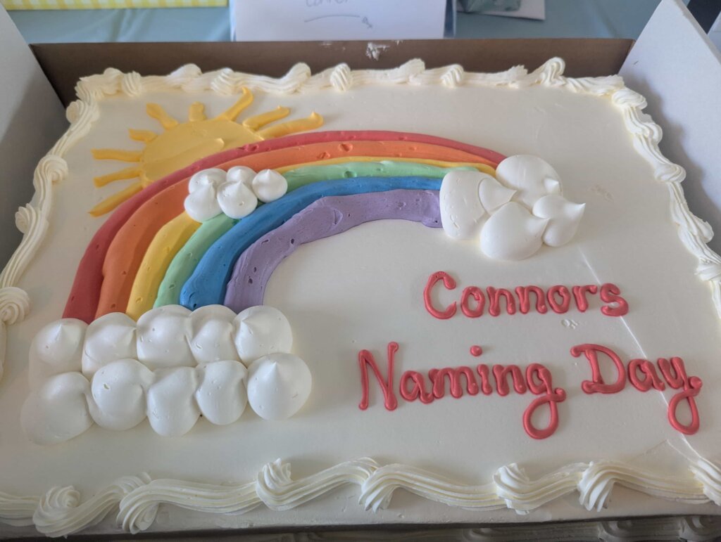 detailed-shot-of-a-square-cake-with-a-rainbow-decoration-for-connor-during-his-baby-naming-ceremony